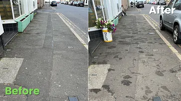 "Before and after" image comparing a cafe's sidewalk entrance. The "After" image shows a yellow bucket with an "OPEN" sign and flowers, making the entrance more welcoming, while the "Before" image shows the plain, grey pavement.